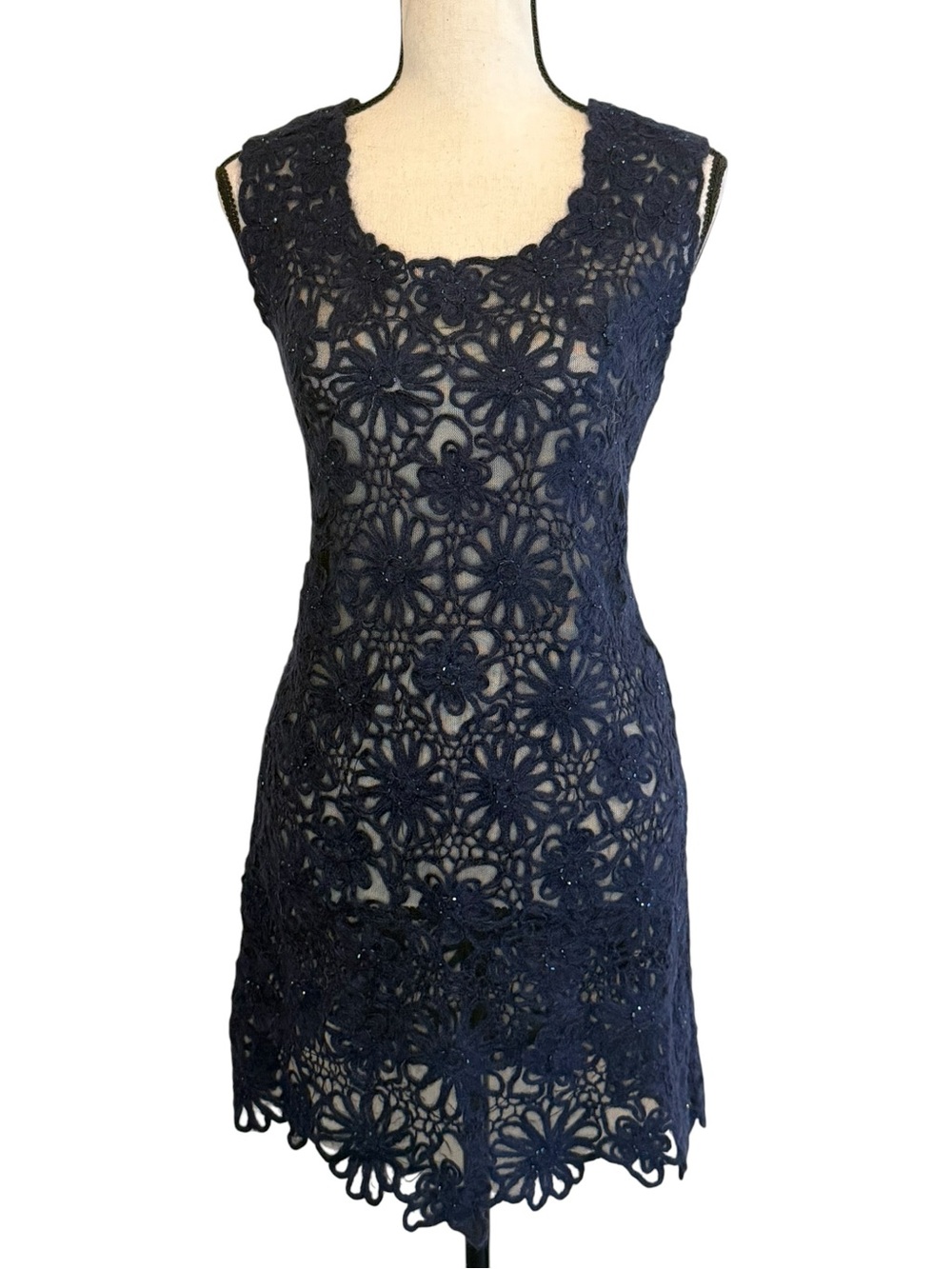 MOSCHINO Navy Floral Crochet Lace Dress